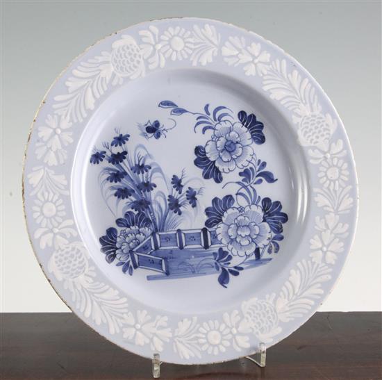 An English delft ware dish, probably Bristol, c.1760, diameter 29.5cm